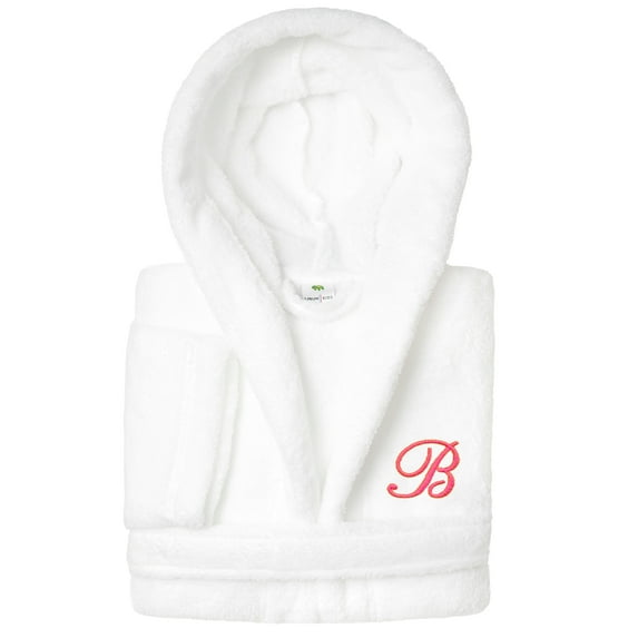 Authentic Hotel and Spa Sweet Kids 100% Polyester SUPER PLUSH Double Brushed Hooded Bathrobe with Pink Script Monogram Large - B
