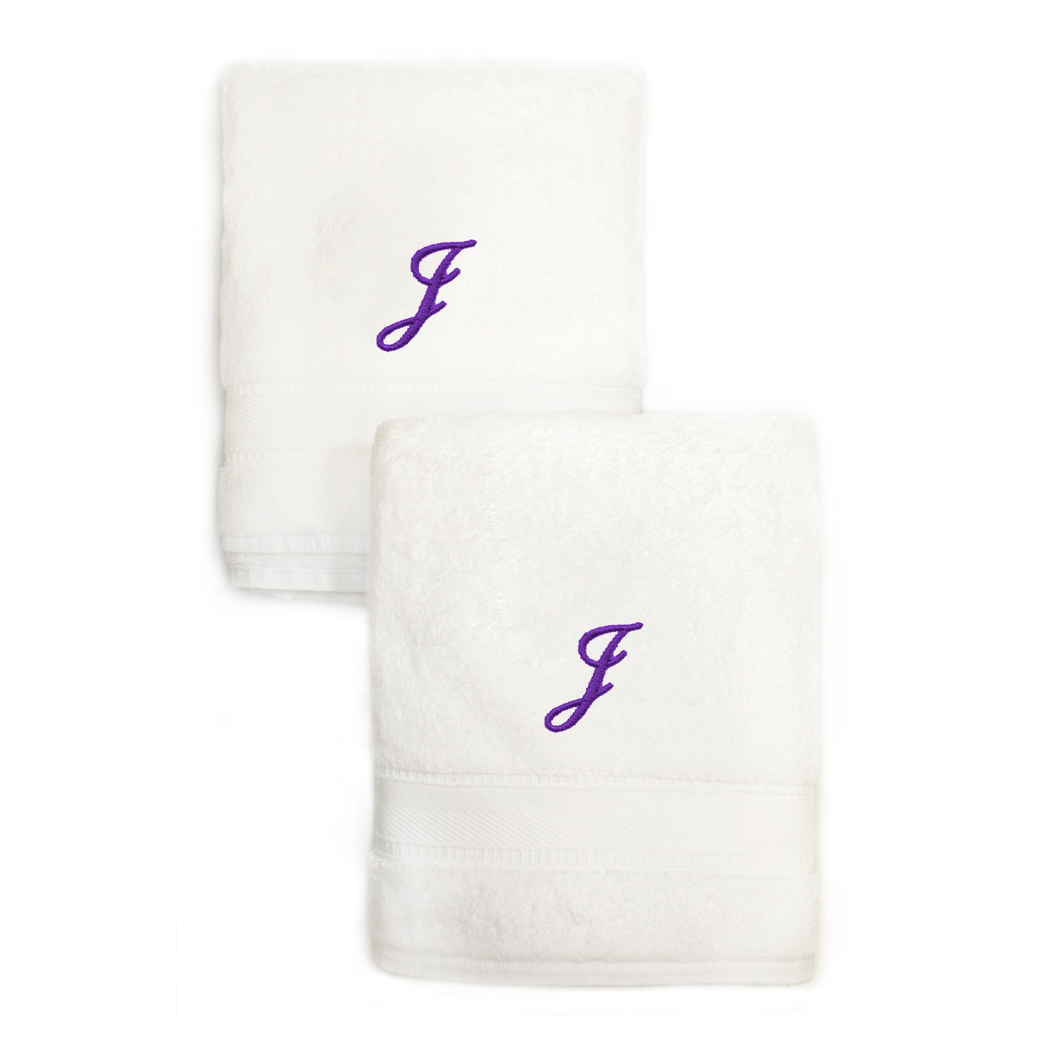Authentic Hotel and Spa Sweet Kids 2-piece White Turkish Cotton Hand Towels Personalized with Lavender Purple Monogrammed Initial J