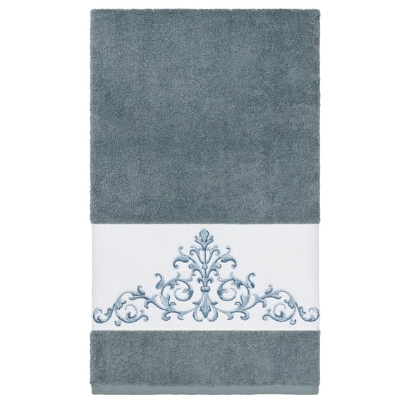 Authentic Hotel and Spa Teal Blue Turkish Cotton Scrollwork Embroidered Bath Towel