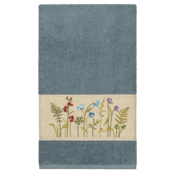 Authentic Hotel and Spa Teal Blue Turkish Cotton Wildflowers Embroidered Bath Towel