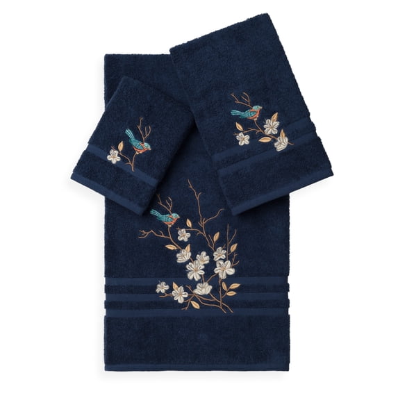 Authentic Hotel and Spa Turkish Cotton Blue Bird Embroidered 3 piece Towel Set Navy Blue