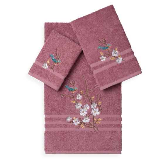 Authentic Hotel and Spa Turkish Cotton Blue Bird Embroidered 3 piece Towel Set Rose