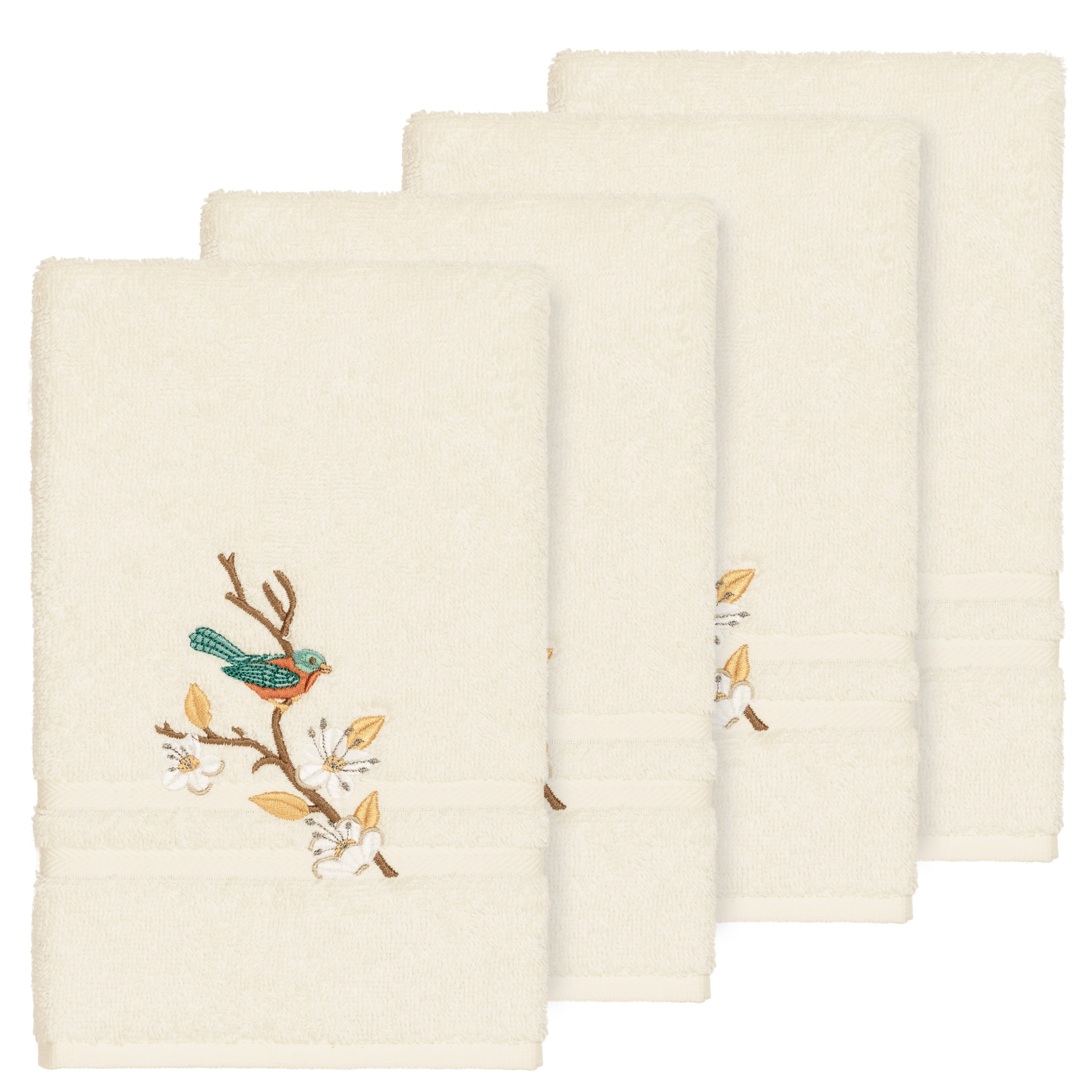 Authentic Hotel and Spa  Turkish Cotton Blue Bird Embroidered Cream 4-piece Hand Towel Set