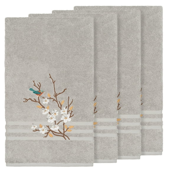 Authentic Hotel and Spa Turkish Cotton Blue Bird Embroidered Light Grey 4-piece Bath Towel Set