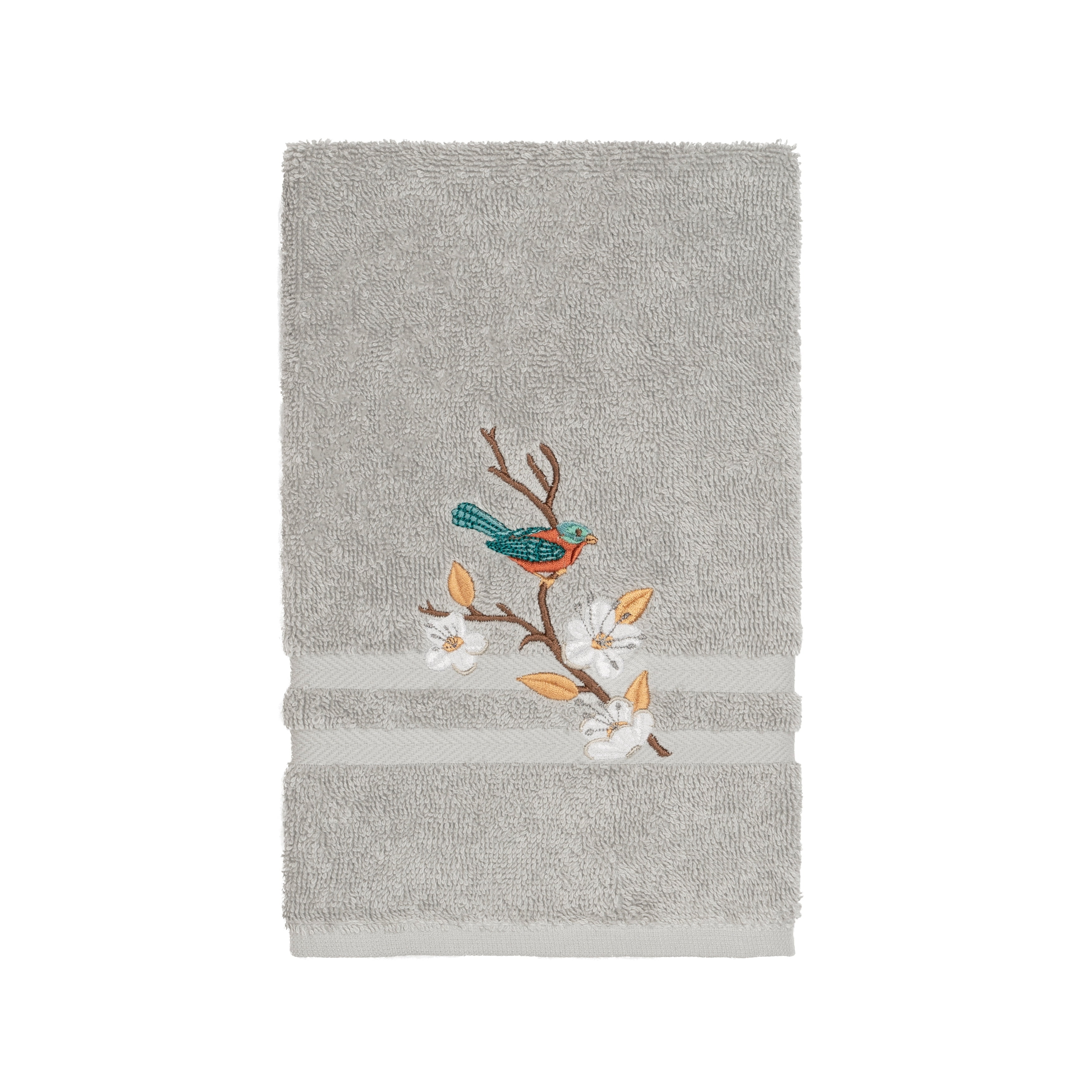 Authentic Hotel and Spa  Turkish Cotton Blue Bird Embroidered Light Grey Hand Towel