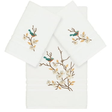 Authentic Hotel and Spa  Turkish Cotton Blue Bird Embroidered White 3-piece Towel Set