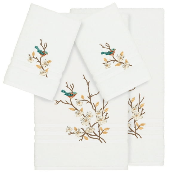 Authentic Hotel and Spa  Turkish Cotton Blue Bird Embroidered White 4-piece Towel Set