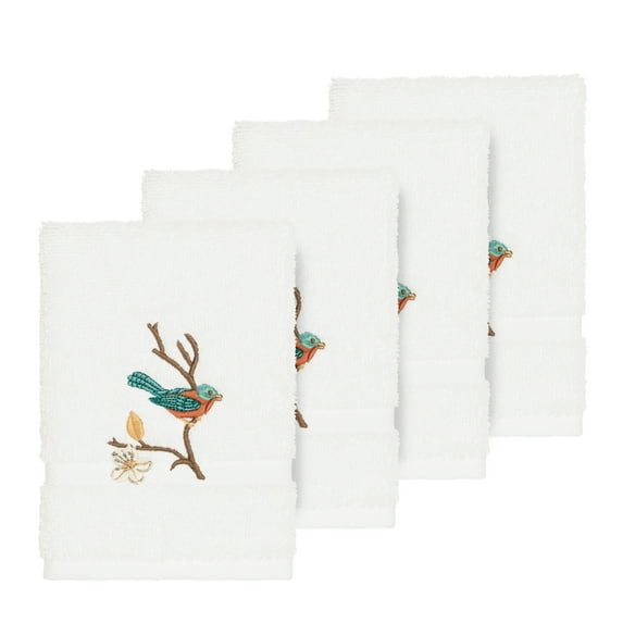 Authentic Hotel and Spa Turkish Cotton Blue Bird Embroidered White 4-piece Washcloth Set