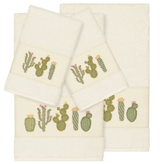 Authentic Hotel and Spa Turkish Cotton Cactus Embroidered Cream 4-piece Towel Set