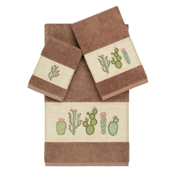 Authentic Hotel and Spa  Turkish Cotton Cactus Embroidered Latte Brown 3-piece Towel Set
