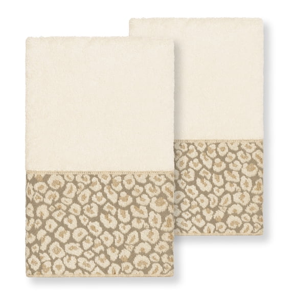 Authentic Hotel and Spa Turkish Cotton Cheetah Jacquard Trim Cream 2-piece Hand Towel Set