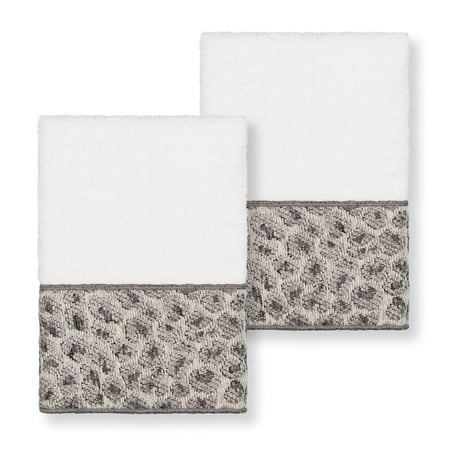Authentic Hotel and Spa Turkish Cotton Cheetah Jacquard Trim White 2-Piece Washcloth Set