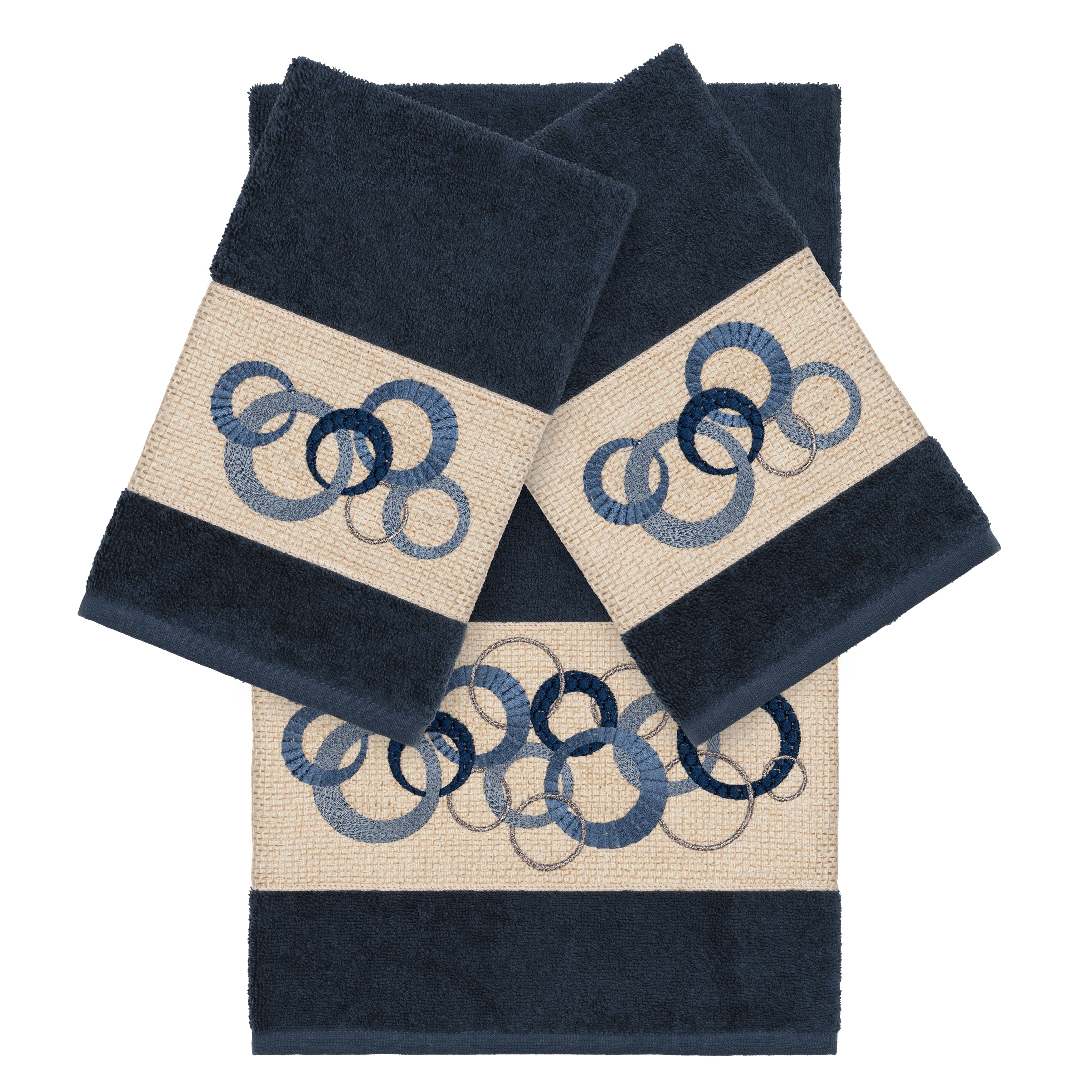 Midnight Blue Turkish Cotton Embroidered 3-Piece Towel Set