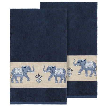 Authentic Hotel and Spa Turkish Cotton Elephants Embroidered Midnight Blue 2-piece Bath Towel Set