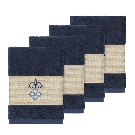 Authentic Hotel and Spa Turkish Cotton Elephants Embroidered Midnight Blue 4-piece Washcloth Set