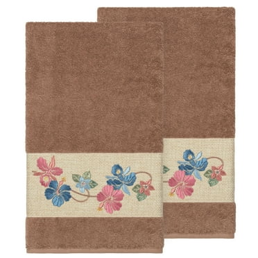Authentic Hotel and Spa  Turkish Cotton Floral Vine Embroidered Latte Brown 2-piece Bath Towel Set