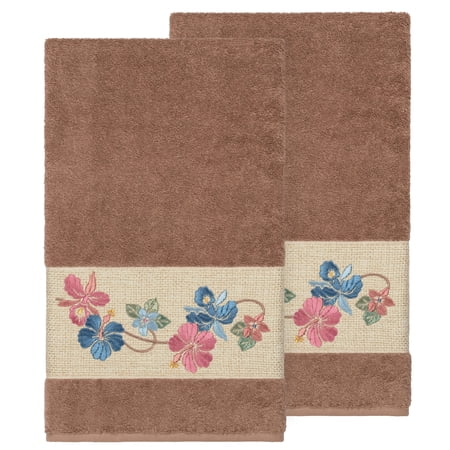 Authentic Hotel and Spa Turkish Cotton Floral Vine Embroidered Latte Brown 2-piece Bath Towel Set