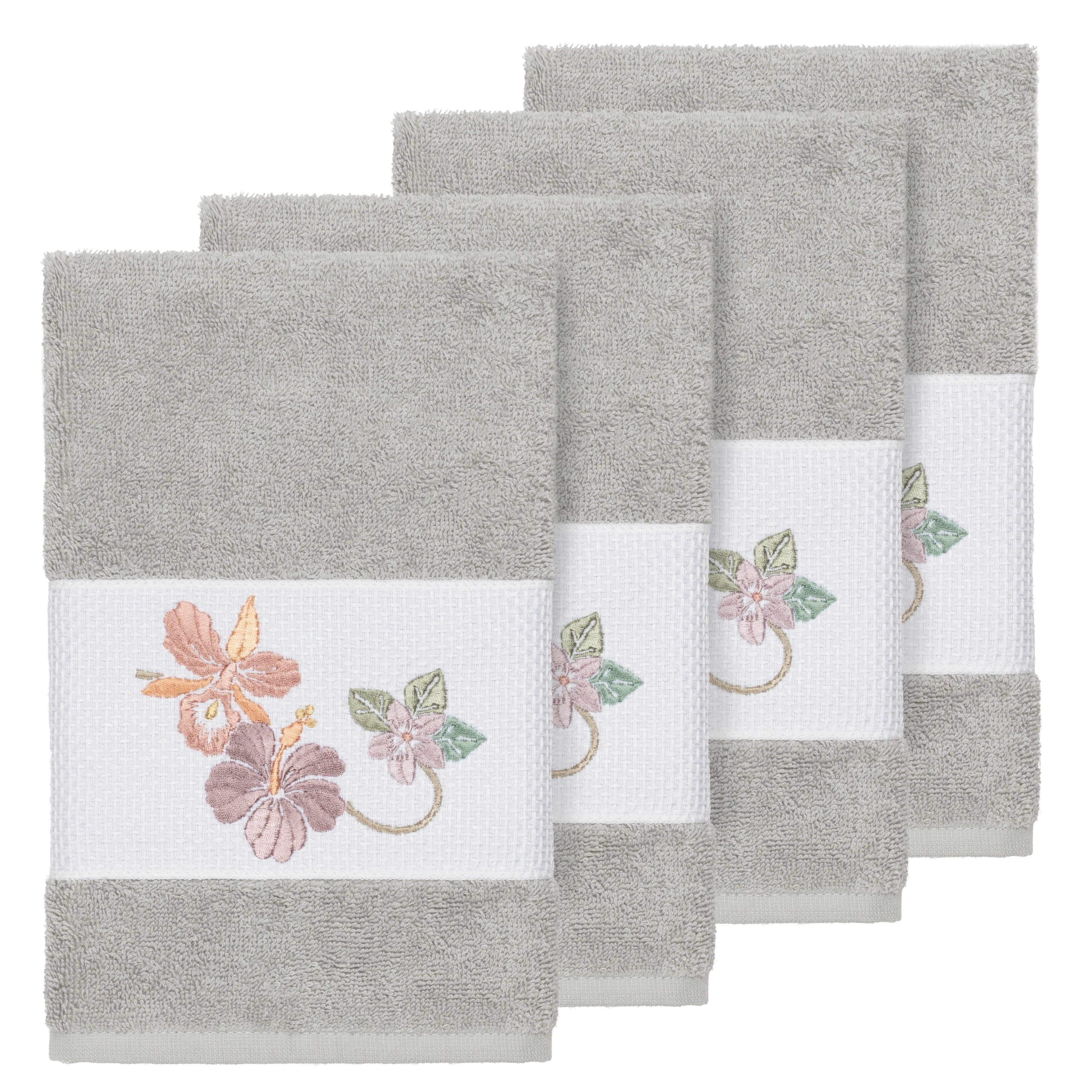Authentic Hotel and Spa  Turkish Cotton Floral Vine Embroidered Light Grey 4-piece Hand Towel Set
