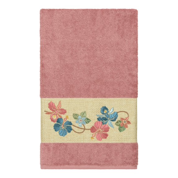 Authentic Hotel and Spa Turkish Cotton Floral Vine Embroidered Tea Rose Bath Towel