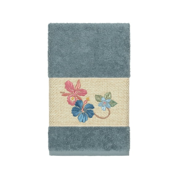 Authentic Hotel and Spa  Turkish Cotton Floral Vine Embroidered Teal Blue Hand Towel