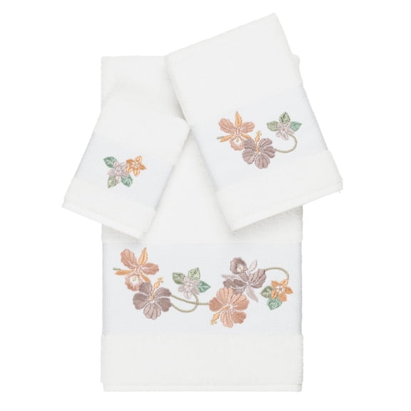 Authentic Hotel and Spa  Turkish Cotton Floral Vine Embroidered White 3-piece Towel Set