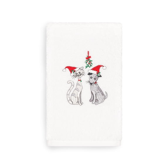 Linum Home Christmas Cat and Dog Embroidered White Turkish Cotton Hand Towel