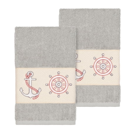 Authentic Hotel and Spa Turkish Cotton Nautical Embroidered Light Grey 2-piece Towel Hand Set
