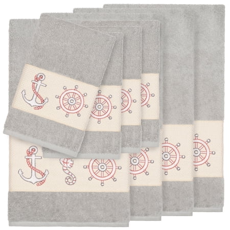 Authentic Hotel and Spa Turkish Cotton Nautical Embroidered Light Grey 8-piece Towel Set