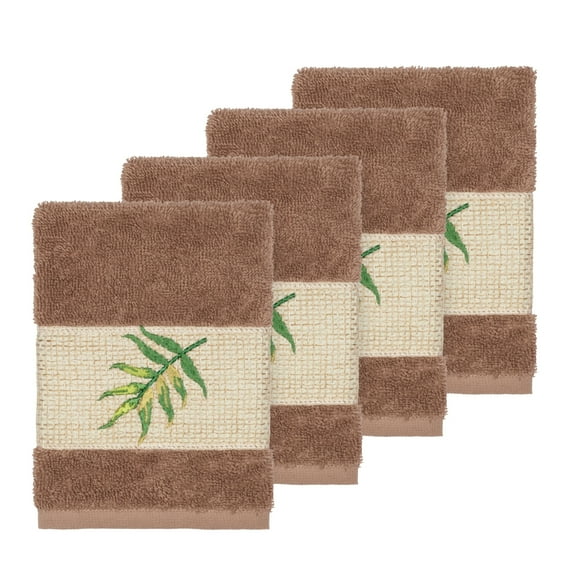 Authentic Hotel and Spa  Turkish Cotton Palm Fronds Embroidered Latte Brown 4-piece Washcloth Set