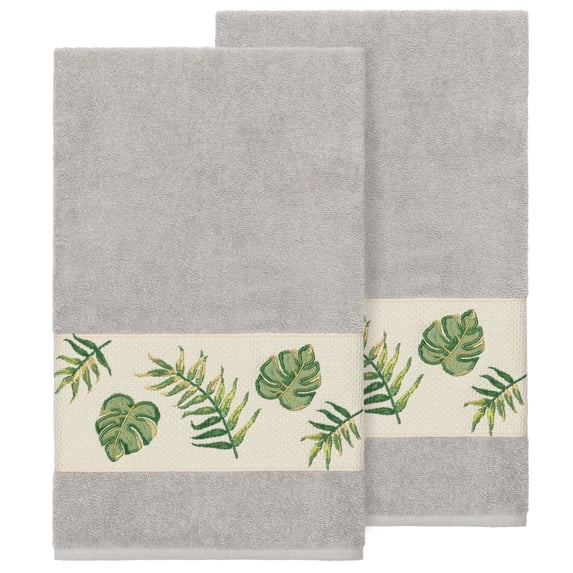 Authentic Hotel and Spa Turkish Cotton Palm Fronds Embroidered Light Grey 2-piece Bath Towel Set