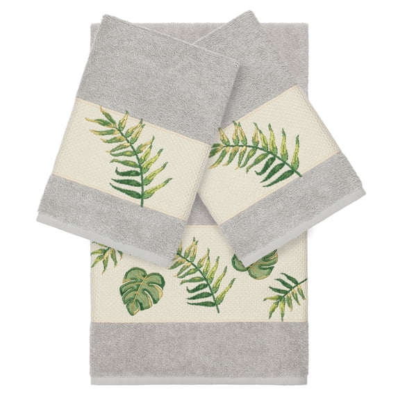 Authentic Hotel and Spa Turkish Cotton Palm Fronds Embroidered Light Grey 3-piece Towel Set