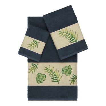 Authentic Hotel and Spa  Turkish Cotton Palm Fronds Embroidered Midnight Blue 3-piece Towel Set