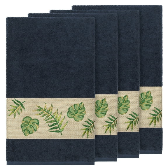 Authentic Hotel and Spa  Turkish Cotton Palm Fronds Embroidered Midnight Blue 4-piece Bath Towel Set