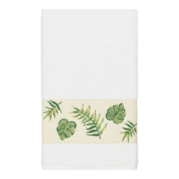 Authentic Hotel and Spa Turkish Cotton Palm Fronds Embroidered White Bath Towel