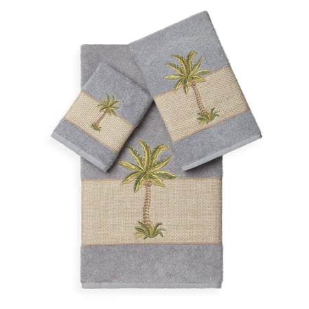 Authentic Hotel and Spa Turkish Cotton Palm Tree Embroidered 3 piece Towel Set Grey