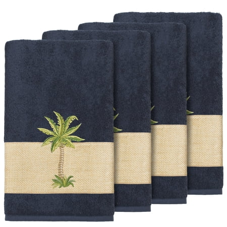 Authentic Hotel and Spa Turkish Cotton Palm Tree Embroidered Midnight Blue Bath Towels (Set of 4)