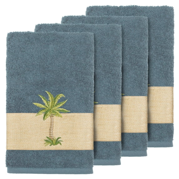 Authentic Hotel and Spa Turkish Cotton Palm Tree Embroidered Teal Hand Towels (Set of 4)