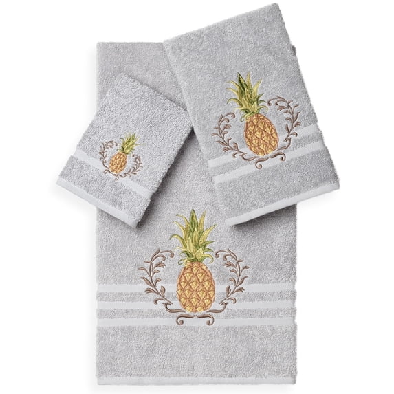 Authentic Hotel and Spa Turkish Cotton Pineapple Embroidered 3 piece Towel Set Grey