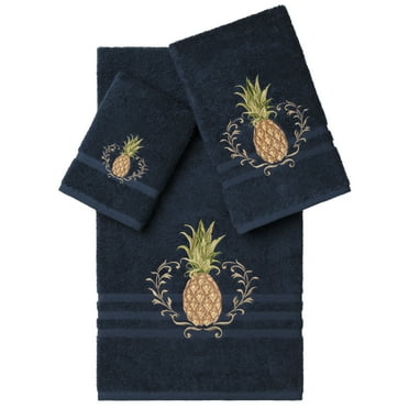 Authentic Hotel and Spa  Turkish Cotton Pineapple Embroidered 3 piece Towel Set Navy Blue