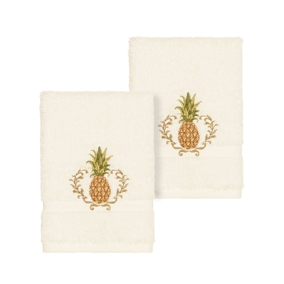 Authentic Hotel and Spa Turkish Cotton Pineapple Embroidered Cream 2-piece Washcloth Set