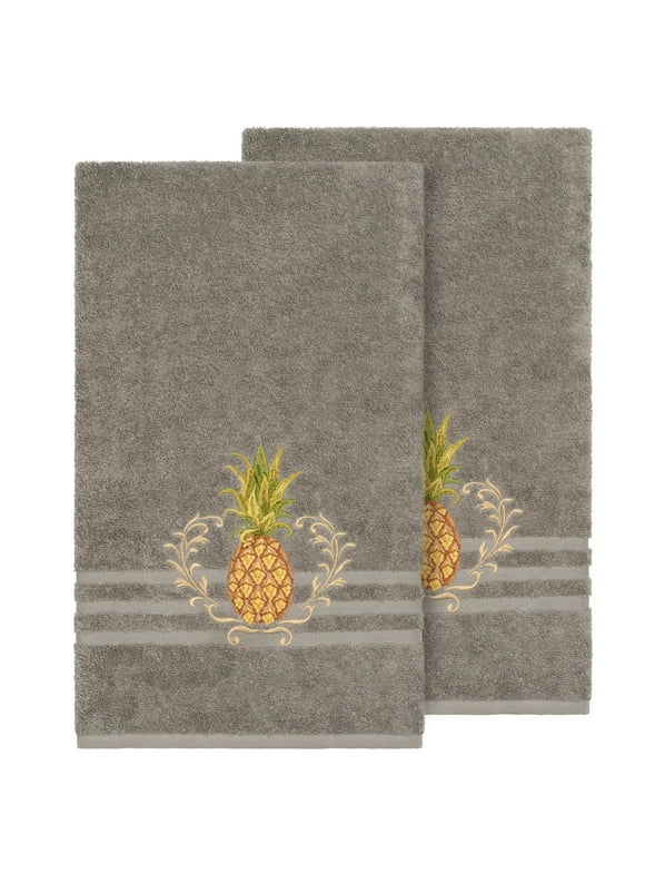Authentic Hotel and Spa Turkish Cotton Pineapple Embroidered Dark Grey 2-piece Bath Towel Set