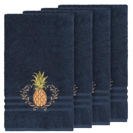 Authentic Hotel and Spa Turkish Cotton Pineapple Embroidered Midnight Blue 4-piece Bath Towel Set