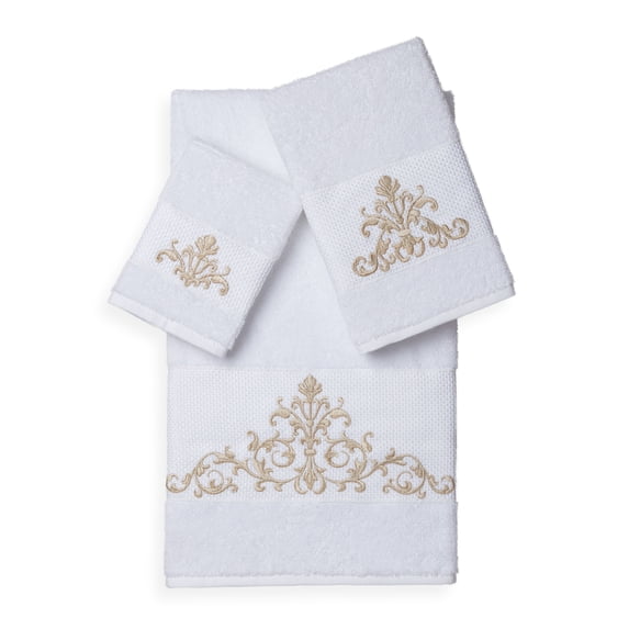 Authentic Hotel and Spa Turkish Cotton Scrollwork Embroidered 3 piece Towel Set White