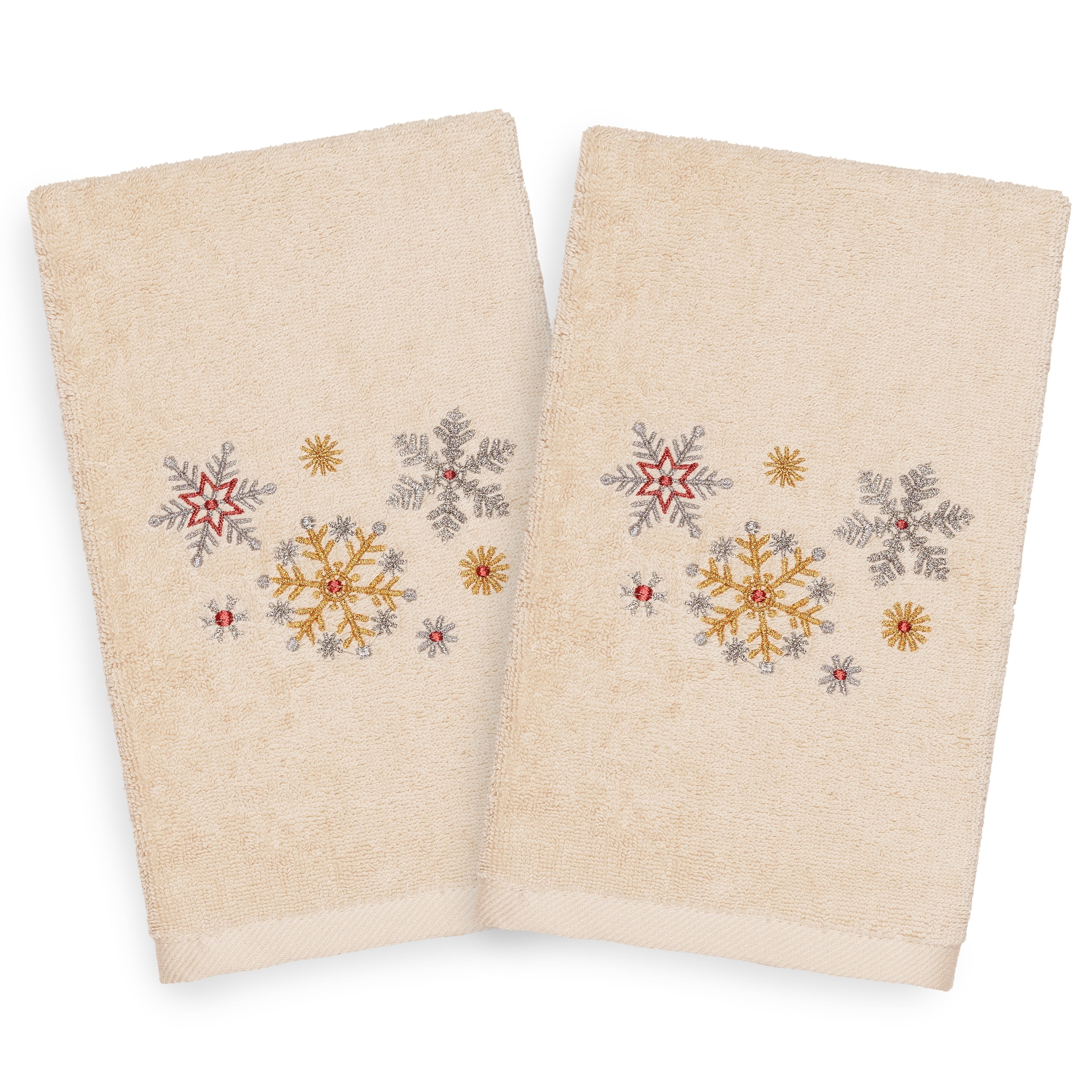 Christmas Snowfall Embroidered Beige Turkish Cotton Hand Towels (Set of 2)