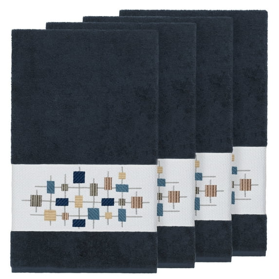 Authentic Hotel and Spa Turkish Cotton Squares Embroidered Midnight Blue 4-piece Bath Towel Set