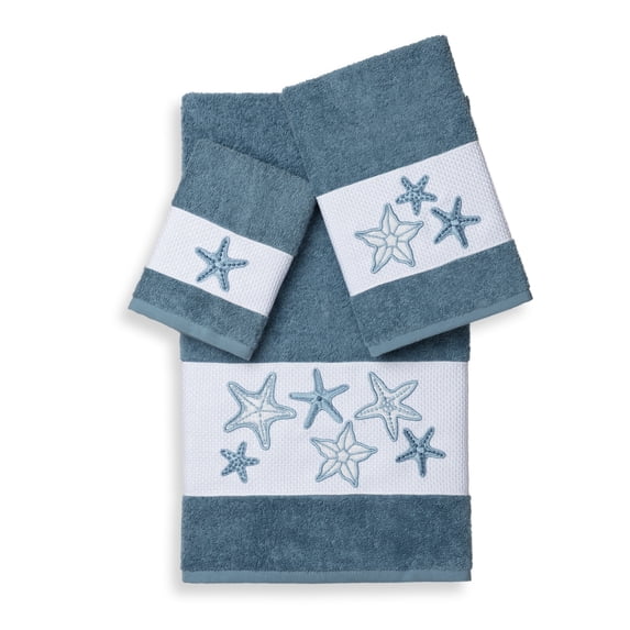 Authentic Hotel and Spa Turkish Cotton Starfish Embroidered 3 piece Towel Set Teal