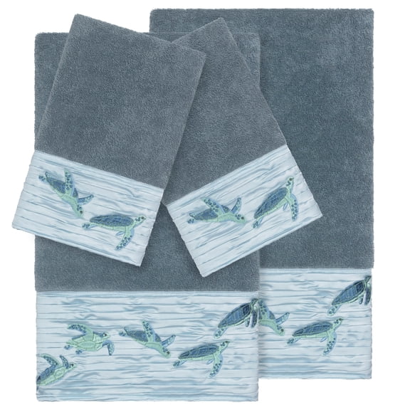 Authentic Hotel and Spa  Turkish Cotton Turtles Embroidered Teal Blue 4-piece Towel Set