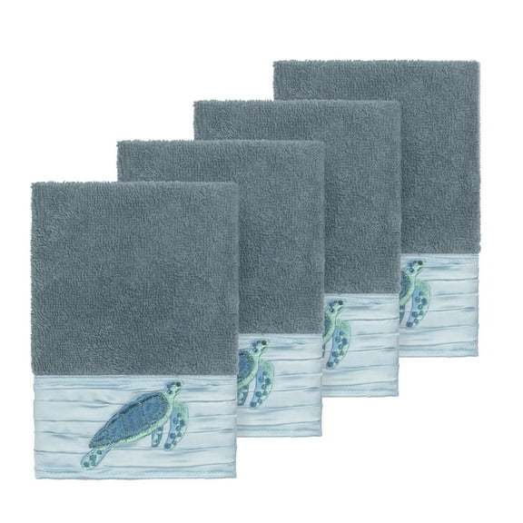 Authentic Hotel and Spa  Turkish Cotton Turtles Embroidered Teal Blue 4-piece Washcloth Set