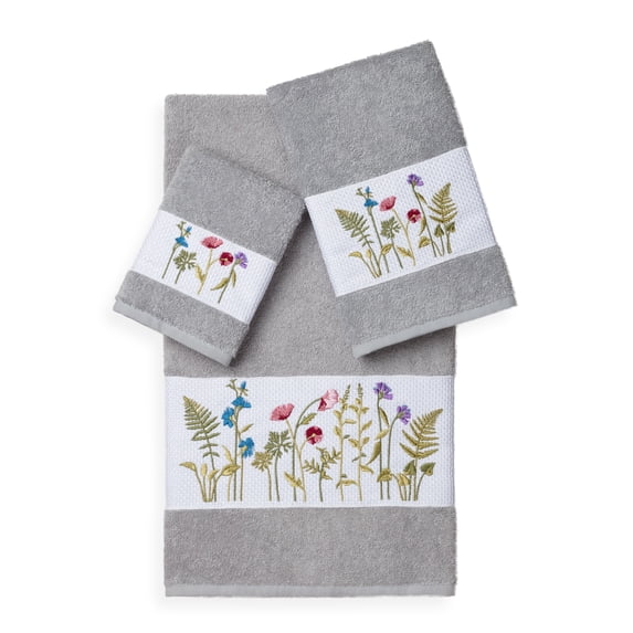 Authentic Hotel and Spa Turkish Cotton Wildflowers Embroidered 3 piece Towel Set Grey