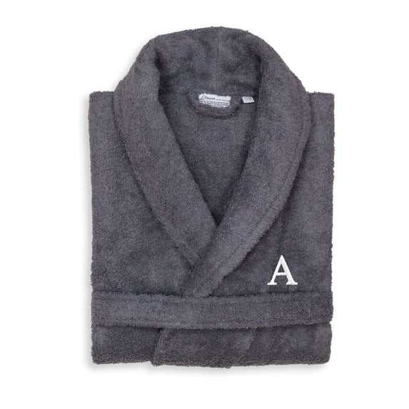 Authentic Hotel and Spa Unisex Grey Turkish Cotton Terry Bath Robe with White Block Monogram A L/XL
